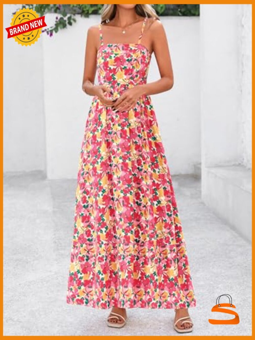 Spaghetti Strap Flowy Maxi Dress Square Neck Smocked Back Boho Wedding Guest - Picture 3 of 7